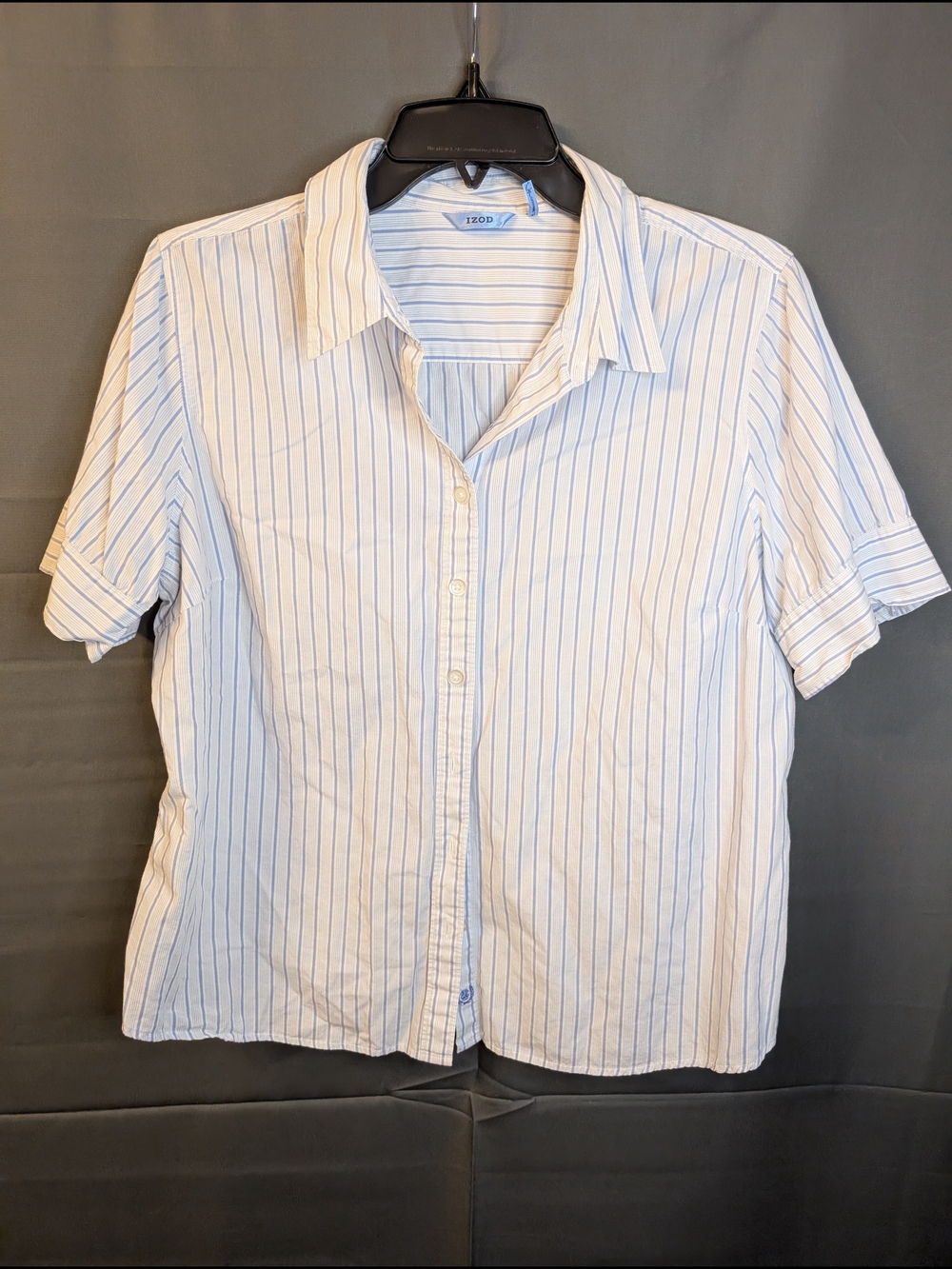Izod White Button-Down Shirt with Blue Pinstripes